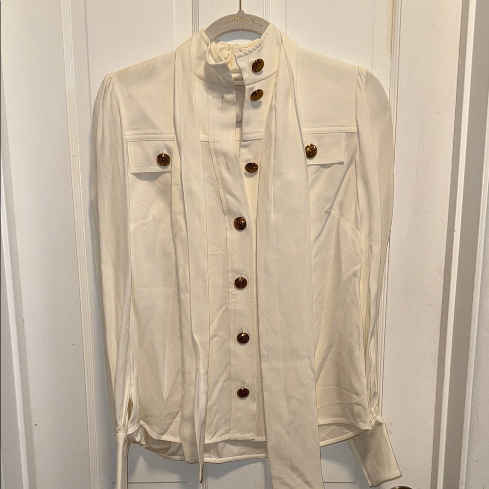Zimmermann Cream Button-Up Blouse with Brown Accents